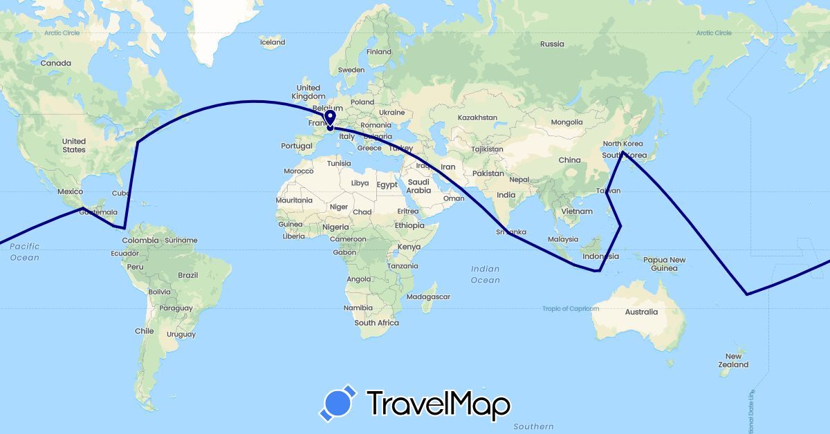 TravelMap itinerary: driving in Costa Rica, Fiji, France, Indonesia, South Korea, Sri Lanka, Mexico, Panama, Philippines, Taiwan, United States (Asia, Europe, North America, Oceania)